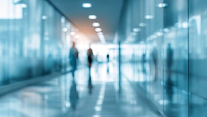 Blurred view of people walking in a bright, modern, glass-walled corridor