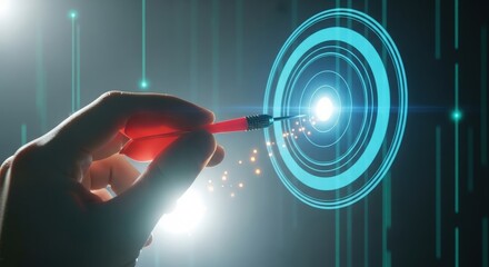 Hand holding dart aiming at target with glowing effect for business success