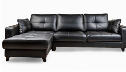 black leather sectional sofa with soft cushioned seats and backrest in modern design isolated on transparency background for comfortable living room seating