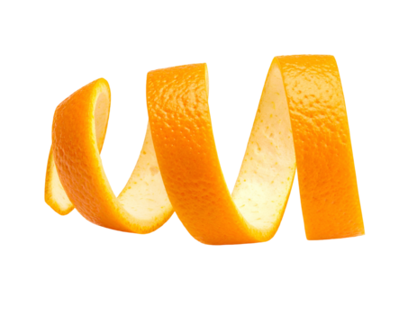 Curled orange peel floating against a black background