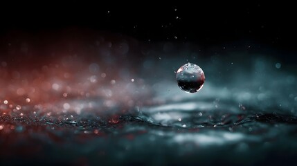A single water droplet containing red particles hovers above a dark rippling liquid surface illuminated by red and blue bokeh lights