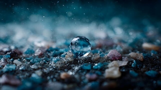 ro view of a clear water droplet resting on colorful granular particles