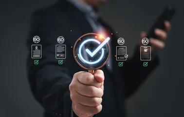 Fotobehang Muziek Quality and approve concept showing a businessman holding magnifying glass with check mark representing certification standard control assurance validation and business reliability in modern industry  © Dilok