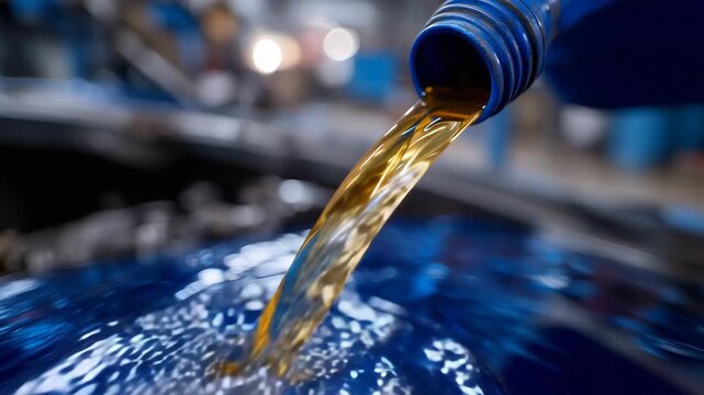 83Blue oil bottle tilted at an angle, golden motor oil creating ripples as it flows into filler opening, focus on textures of metal, plastic, and liquid