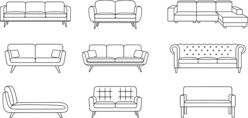 Sofa furniture vector set, modern couch illustration, CAD drawing, interior seating icons, flat design, home decor, black and white