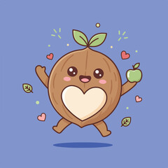 A cute cartoon seed character is jumping in the air with hearts and leaves surrounding him, holding an apple and smiling.