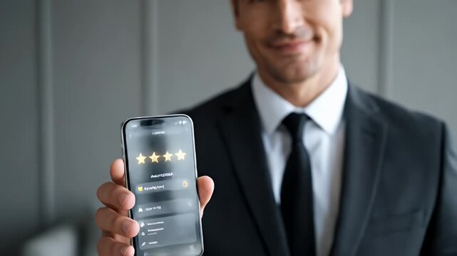 Midsection of Businessman in Black Suit and Tie Holding Mobile Phone with Five Star Rating Display Against a Neutral Gray Background in Soft Studio Lighting