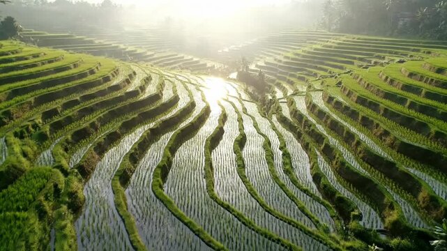 A sunlit aerial view showcases lush green rice terraces with shimmering water, creating a harmonious pattern. The landscape is enveloped in soft morning haze