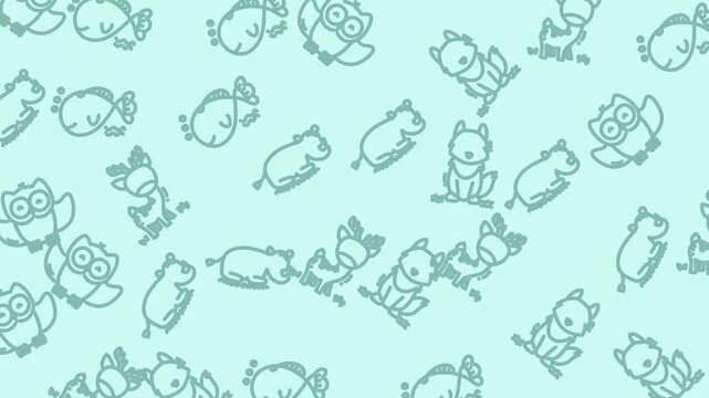 Pattern of fish, hippos, foxes, and owls outlines. Perfect for childrens products, packaging design, textiles, and stationery. Whimsical design.