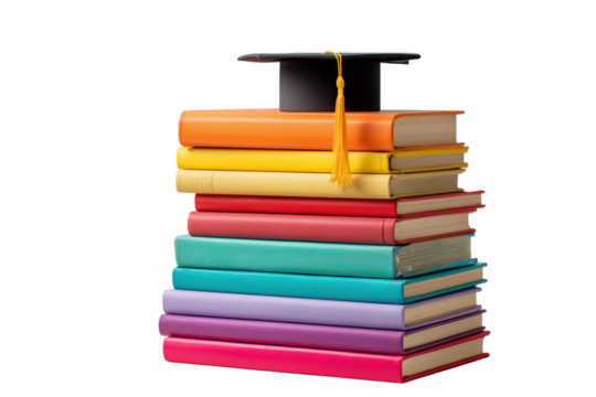 Colorful stack of books with graduation cap isolated
