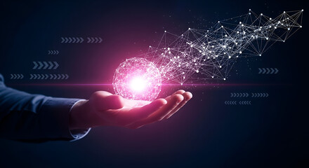 Illuminated global network sphere symbolizing technological innovation, business connectivity and future digital advancements on a dark background with network lines and dots