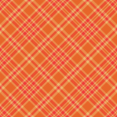 Seamless orange color check pattern. Repeating patern plaid. Checkered design for prints. Repeated tartan fabric. Vector scottish fabriс. Ekose texture. Madras flannel. Checker line. Stripe gingham