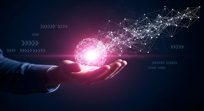 Illuminated global network sphere symbolizing technological innovation, business connectivity and future digital advancements on a dark background with network lines and dots