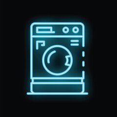 Blue neon glowing outline of a washing machine on a black background