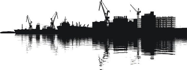 Dockyard Silhouette Vector: Harbor Cranes Reflecting on Tranquil Waters