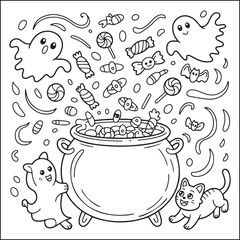 Spooky Halloween black and white coloring pages for adults with halloween releted elements.