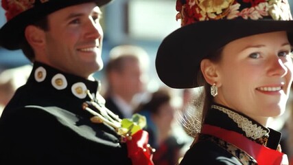 A professional businessman stands next to a woman wearing a fashionable hat, conveying a sense of sophistication