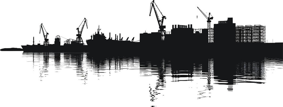 Dockyard Silhouette Vector: Harbor Cranes Reflecting on Tranquil Waters
