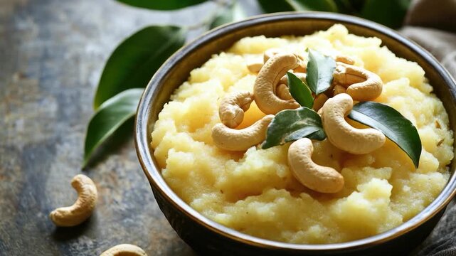 A bowl of creamy mashed potatoes topped with roasted cashews, perfect for a snack or side dish