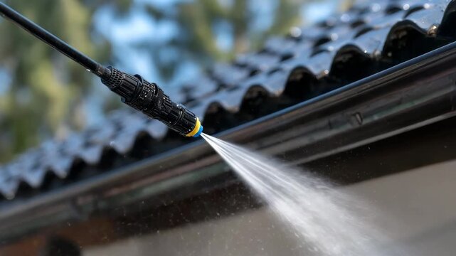 135High-pressure nozzle angled at gutter corner, concentrated jet removing built-up grime, water spray sparkling in daylight, roofline forming clean architectural lines