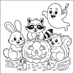 Naklejka premium Spooky Halloween black and white coloring pages for adults with halloween releted elements.
