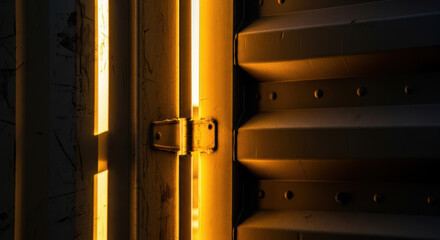 Clean close-up shot of metallic container door illuminated by soft light. Metallic door features sleek lines and hinges showcasing industrial design.