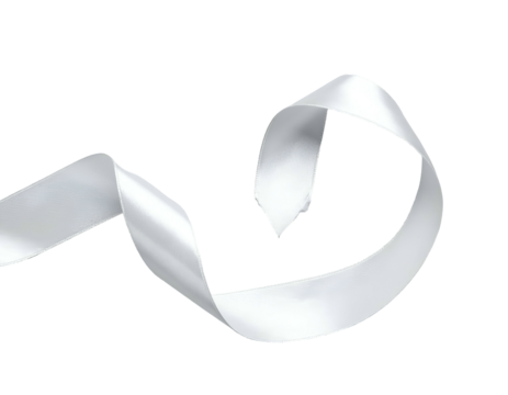 A smooth, white satin ribbon swirls against a stark black background, floating