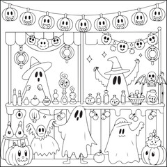 Spooky Halloween black and white coloring pages for adults with halloween releted elements.