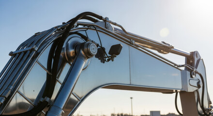 Polished excavator arm reflecting sunlight in clean close-up shot. Intricate details of excavator arm capture sunlight and reveal shiny surface.