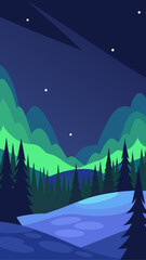 Fototapeta premium Stylized winter landscape with aurora borealis over pine trees and snow covered hills