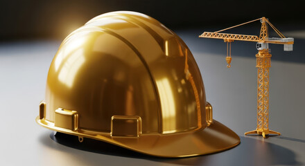 Close-up shot of clean golden hard hat placed next to construction crane. Golden hard hat represents safety and professionalism in construction industry. Ideal for building or engineering concepts.