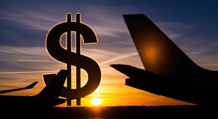 Dramatic scene of aircraft tails forming dollar symbol at sunset with sky colors blending beautifully. Aircraft tails silhouette creates eye-catching dollar sign,