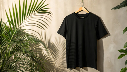 Plain black t shirt hanging on a wooden hanger with tropical plants