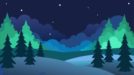 Naklejka premium Stylized flat illustration of a dark blue night sky over a snowy landscape with evergreen trees
