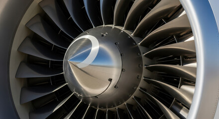 Polished airplane turbine engine close-up showcasing sleek design and precision engineering. This airplane turbine captures intricate details, highlighting modern aviation technology.