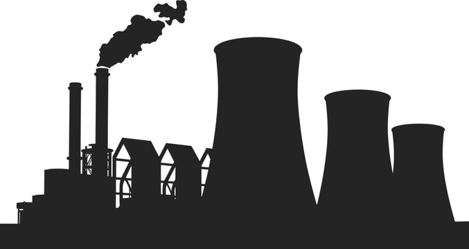 Silhouette Illustration of an Industrial Plant with Chimneys and Cooling Towers on Transparent Background