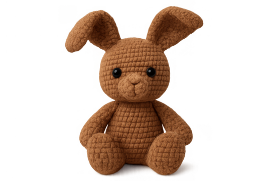 Crochet brown bunny doll representing childhood memory, handmade toy and playful comfort on transparent background