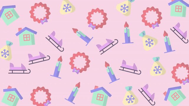 Winter-themed pattern with sleds, candles, snowflakes, and houses on pink background, flat graphic illustration, festive holiday design, seamless repeat