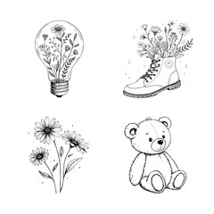 Black and white line art illustration set with floral lightbulb, boot with flowers, daisies, and teddy bear, minimalist hand-drawn collection