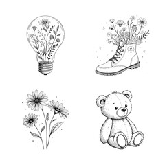 Black and white line art illustration set with floral lightbulb, boot with flowers, daisies, and teddy bear, minimalist hand-drawn collection