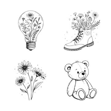 Naklejki Black and white line art illustration set with floral lightbulb, boot with flowers, daisies, and teddy bear, minimalist hand-drawn collection