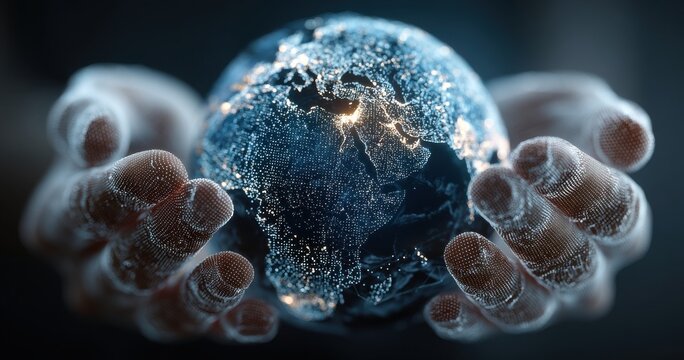 Hands cradling a detailed digital depiction of the Earth at night