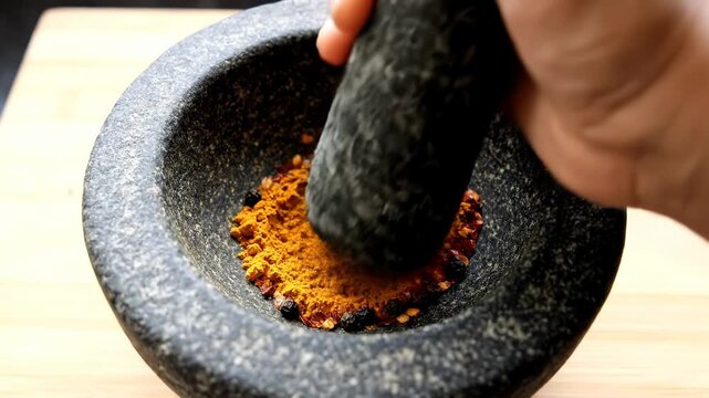 A hand uses a pestle in a mortar to grind spices, mixing yellow, red, and black ingredients for cooking on a wooden surface