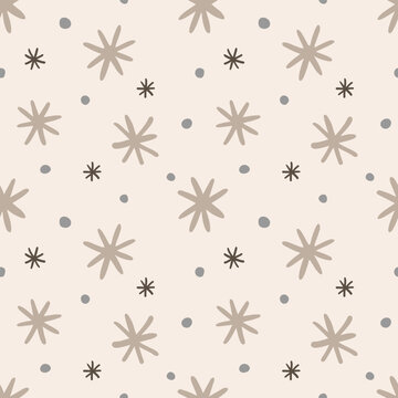 Christmas Pattern. Minimal Seamless Pattern with Hand-Drawn Abstract Stars and Dots on Beige Background