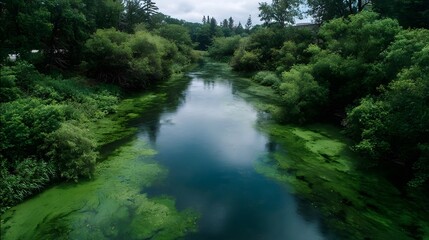 Fototapeta premium A serene river surrounded by lush green trees with patches of green algae covering the water s surface