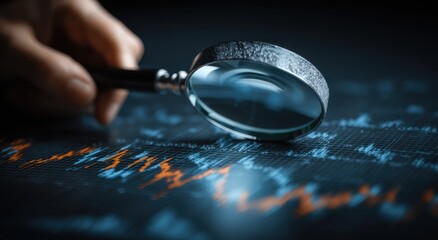 Close-up of a magnifying glass analyzing financial graph data patterns
