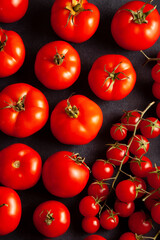 Flat lay of fresh tomatoes and cherry tomatoes on black slate texture. Ideal food background for design, advertising, cooking blog, and restaurant menu.