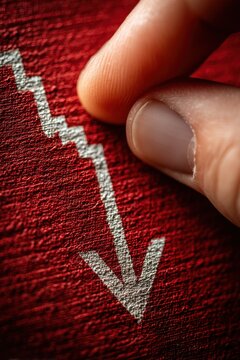 Close-up of a hand pointing to a declining arrow on red textured surface