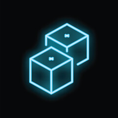 Neon cubes glowing on black background representing blockchain technology, cryptocurrency and data