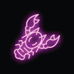 Bright pink neon sign of a smiling cartoon lobster glowing on a black background